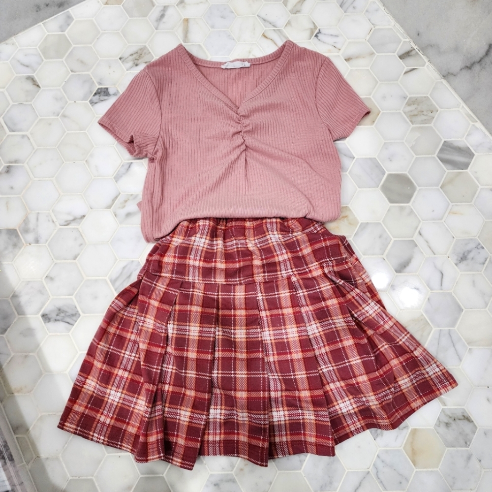 Girl's set| Shirt and Pleaded Skirt| Skort| Size 7/8| Plaid| Beautees